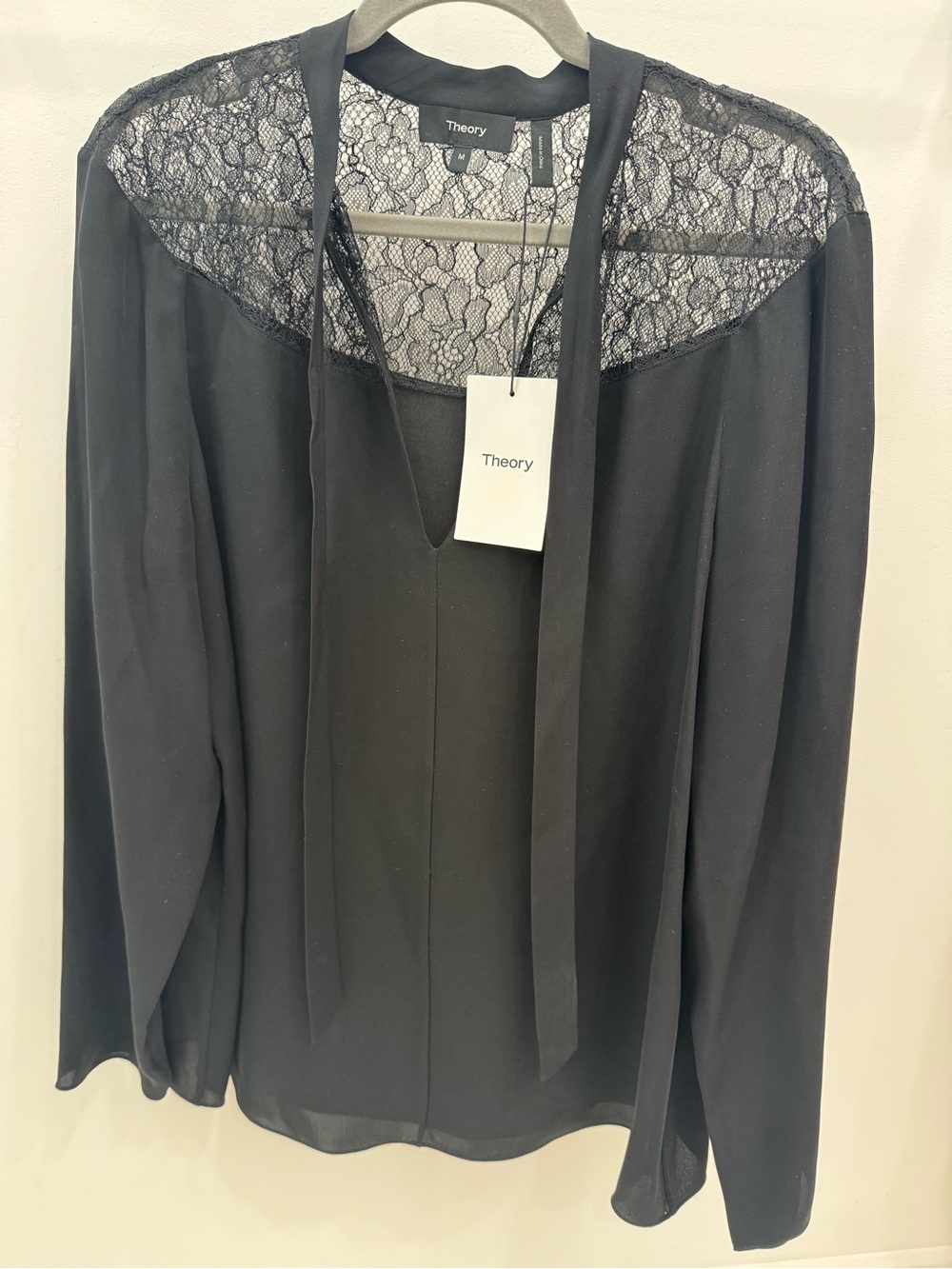 Theory Black Lace-Yoke Tie-Neck Blouse with Long Ties